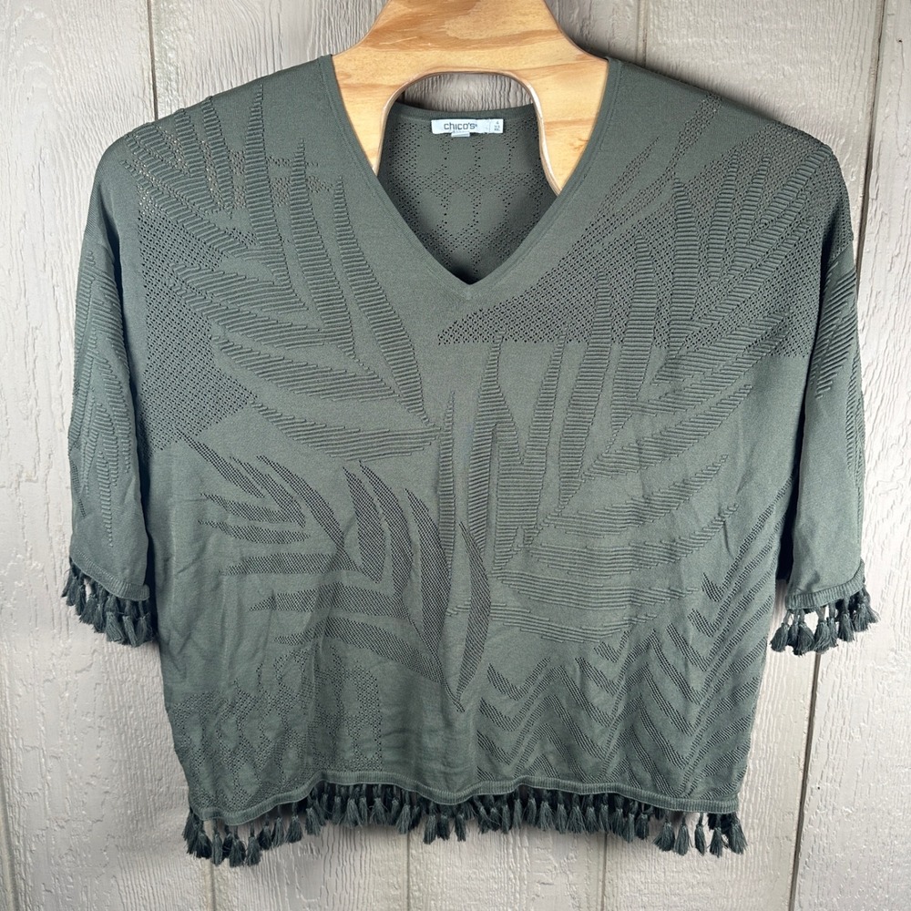 Chico's Knit Top Womens Sz 4/XXL Olive Green Tropical Leaf Tassel Fringe V-Neck